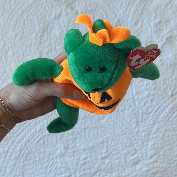 GIFTED TY Tricky Halloween Bear Beanie Babies Baby Jack-o-lantern Pumpkin Green - Picture 3 of 8